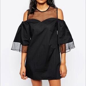 Shakuhachi Black sheer panel cold shoulder Volume Sleeve Mini Dress